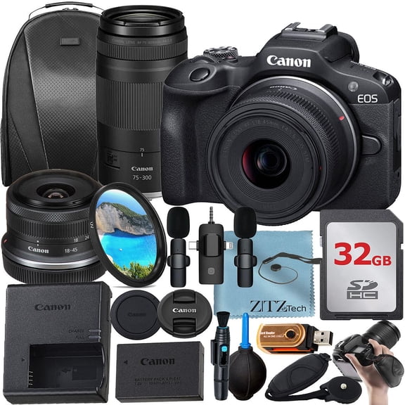 Canon EOS R100 Mirrorless Camera with RF-S 18-45mm Lens   RF 75-300mm Lens   32GB Memory Card   Backpack   Wireless Lavalier Microphone   ZeeTech Accessory Bundle (International Version)