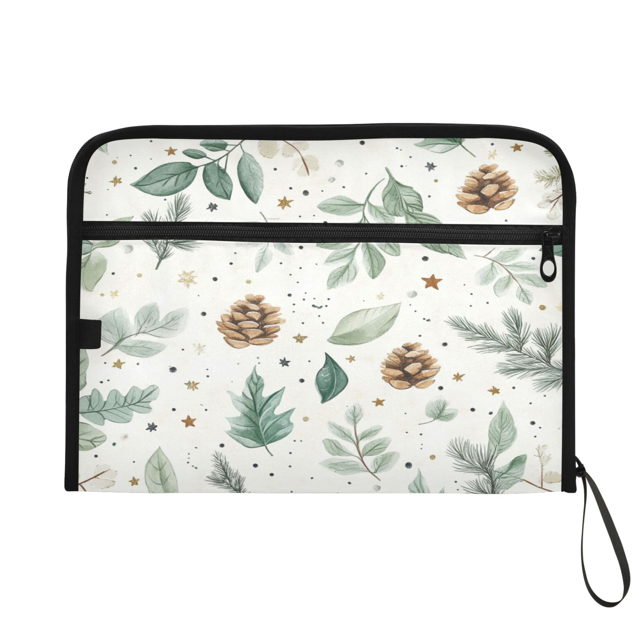 Accordion File Organizer with Zip Closure 13 Pockets Expanding File Folder Letter A4 Paper Document Organizer for Home Office Green Leaves and Pine Cones