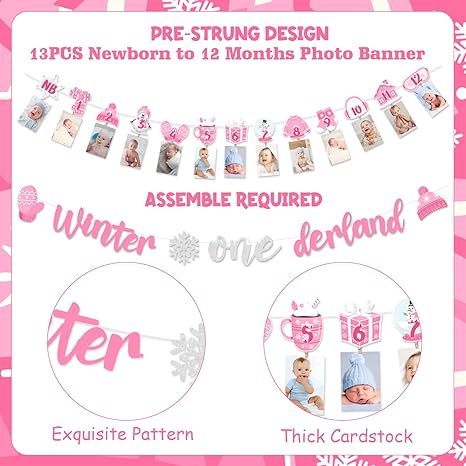Winter Onederland 1st Birthday Girl Decorations, Winter Onederland Snowflake Banner Monthly Photo Banner Cake Cupcake Toppers, White Pink 1 Foil Balloon for Girls First Birthday Party