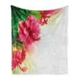 thumbnail image 1 of Floral Soft Flannel Fleece Blanket, Hibiscus Flower Florets Buds Leaf Essence Fragrance Blossoms Garden Image, Cozy Plush for Indoor and Outdoor Use, 60" x 80", Hot Pink Fern Green, by Ambesonne, 1 of 6