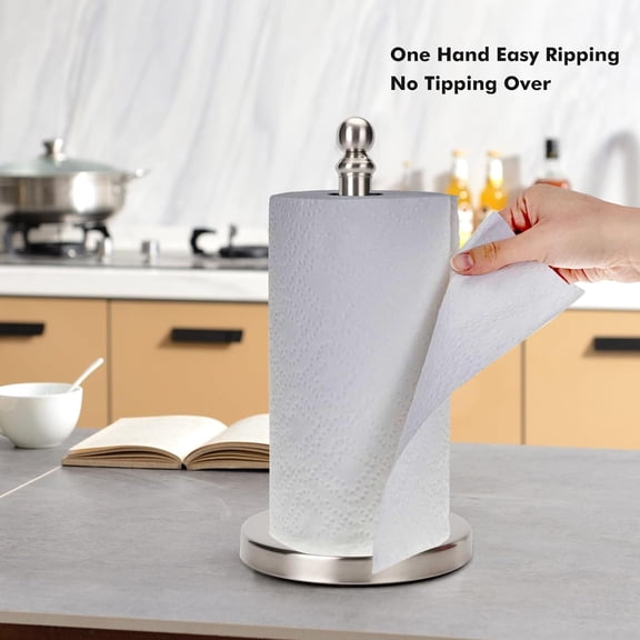 Brushed Nickel Freestanding Paper Towel Holder - Weighted Base One-Handed Operation | Kitchen Bathroom