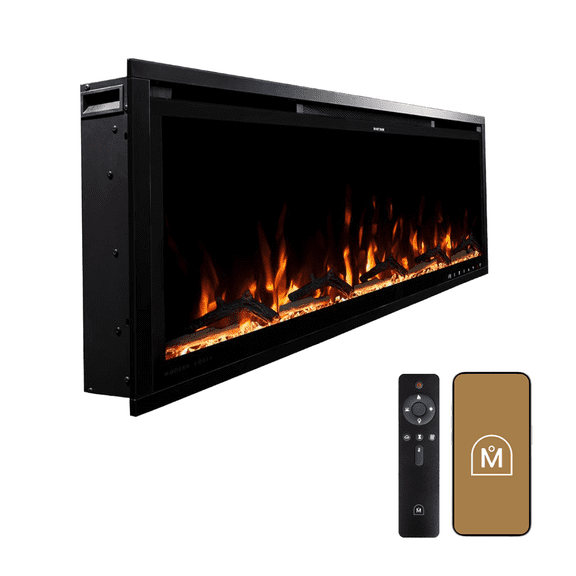Modern Ember Aerus Slim 42 Inch Smart Linear Electric Fireplace | Recessed in-Wall or Wall-Mount