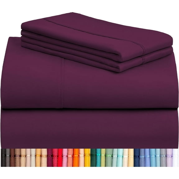 LuxClub 4PC King Sheet Set, Deep Pockets Wrinkle Free Cooling Bed Sheets Hotel Bedding for Women, Men, Includes 1 Fitted Sheet, 1 Flat Sheet and 2 Pillowcases-Soft Eggplant