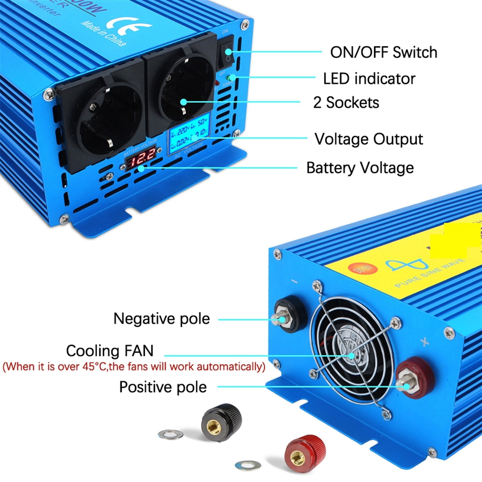 Pure Sine Wave Car Inverter DC 12V To AC 220 Voltage Converter 3000W 4000W 5000W Power Auto Inversor Solar Transformer ,Multiple Safety Protections