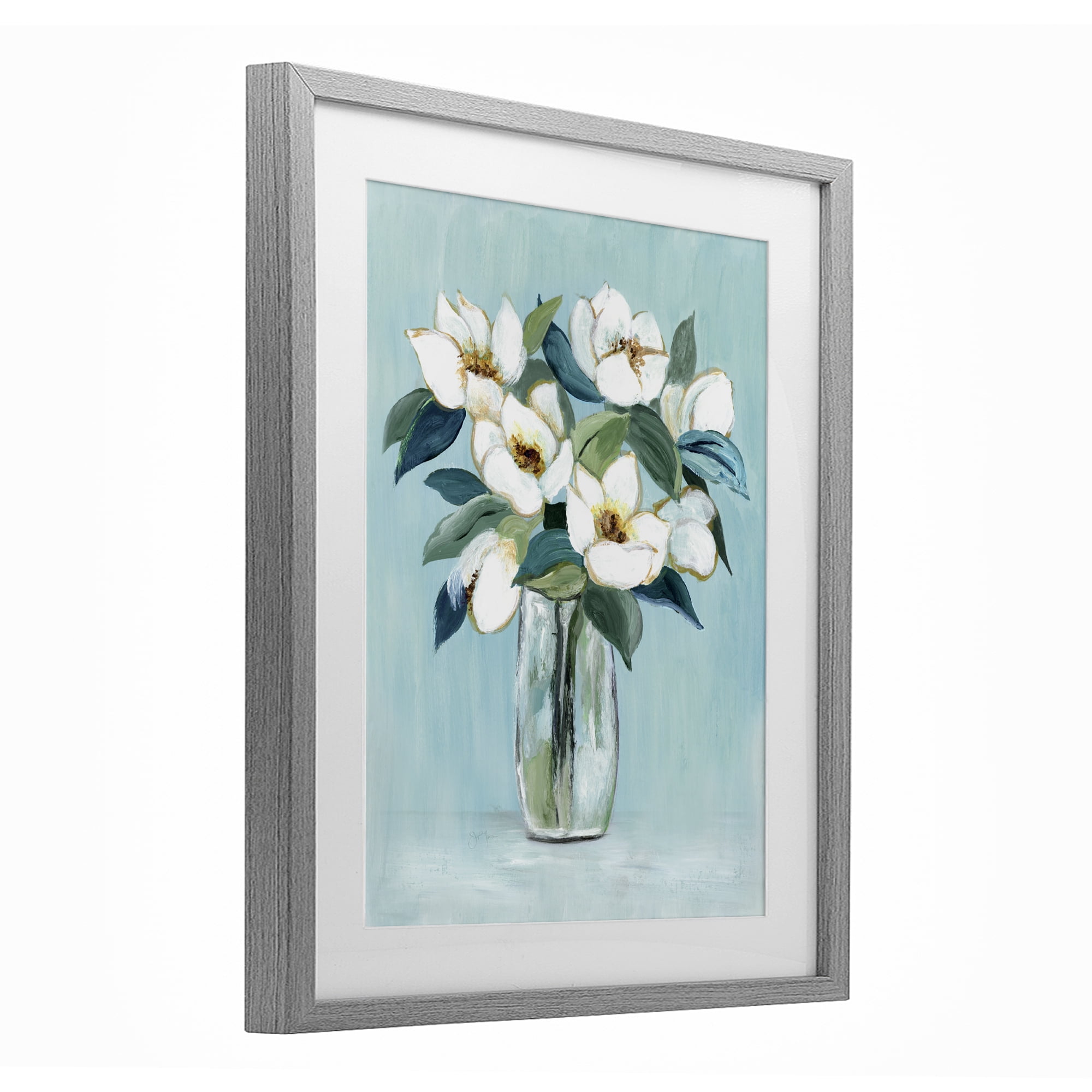 Stupell Industries Magnolia Blossoms on Blue Gray Framed Print Under Glass, design by Janet Tava
