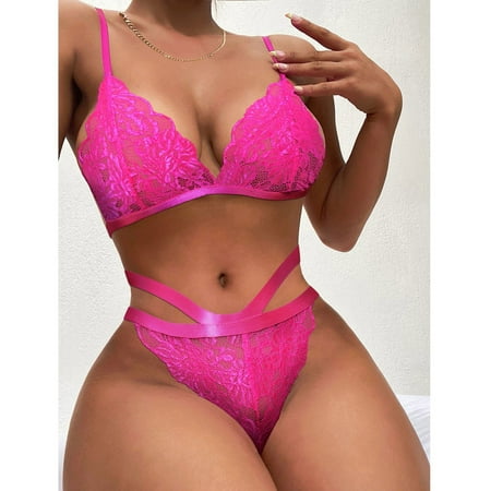 

HIMIWAY Women s Fashion Sexy Lace Two-piece Set Suit Solid Color Wireless Bra Sexy Underwear Panties Pink