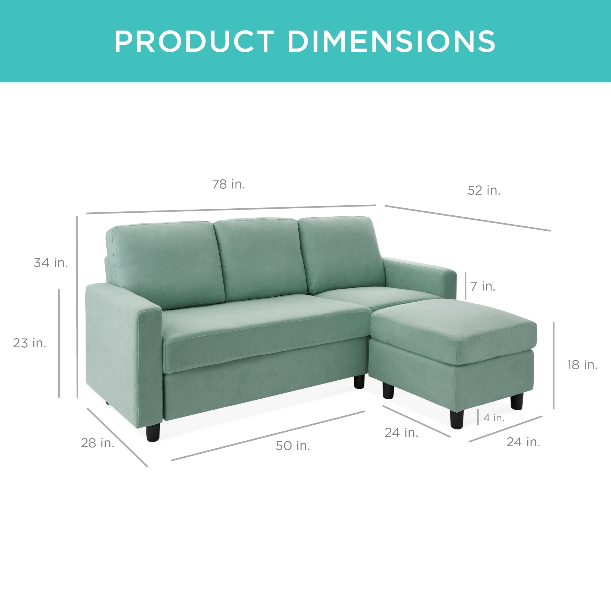 Best Choice Products Linen Sectional Sofa Couch w/ Chaise Lounge, Reversible Ottoman Bench - Aqua