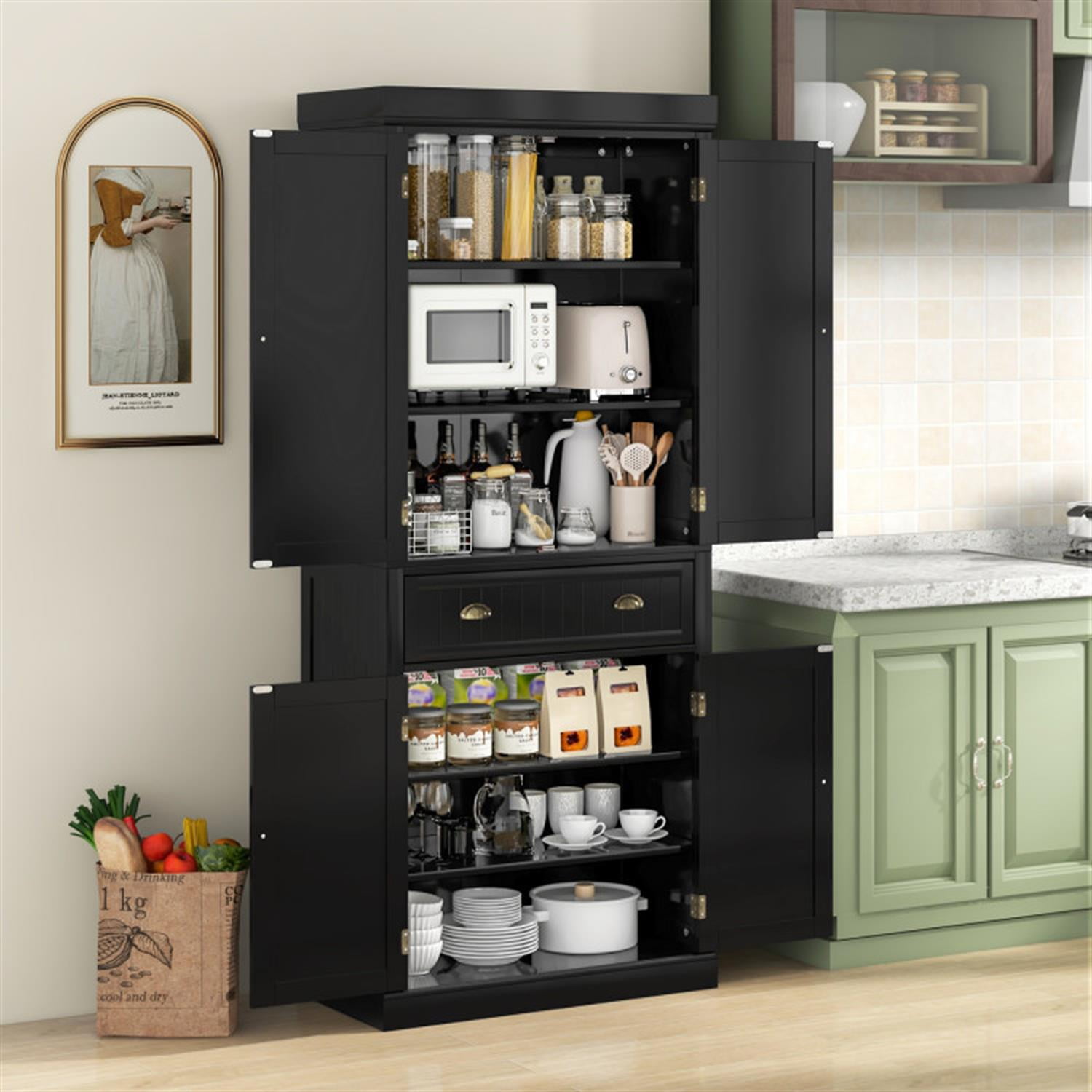 Demi Bonn 72" Cupboard Freestanding Kitchen Cabinet with Doors and Drawer, Accent Storage Cabinet, Pantry Cabinet with Adjustable Shelves, Black