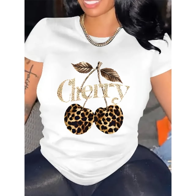 Camiseta de Moda para Mujer, Talla Grande, Estampado de Leopardo y Cerezas, Cuello Redondo Cómodo, Lavable a Máquina, Adecuada para Todas las Estaciones