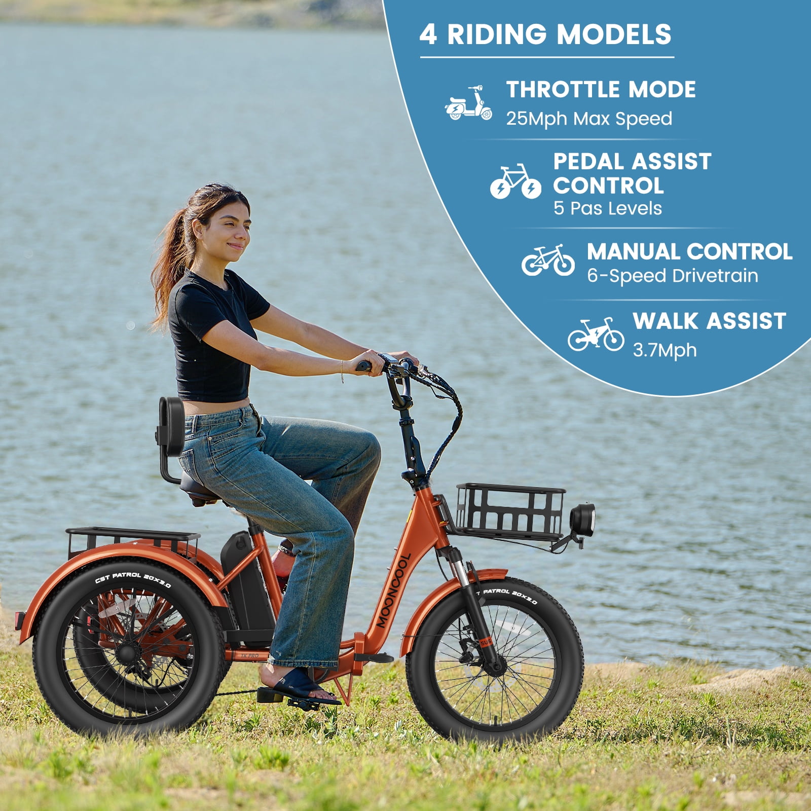 Lilypelle Electric Tricycle for Adults,Peak 1500W 48V Folding E-Mountain bike , 20" 6 Speed 3 Wheels Unisex Electric Bicycle with Front & Rear Basket, Removable 20AH Battery, LED light