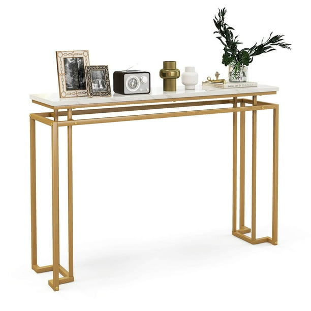 Costway 120 CM Mesa Consola Dorada, Mesa Moderna con Superficie de Mármol Artificial Blanco, Estructura de Metal Geométrica, Mesa de Acento con Kit Antivuelco para la Entrada, Sala de Estar, y Pasillo