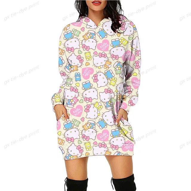 HELLO KITTY Chandails à Capuchon Dessin Animé Femmes Kawaii HELLO KITTY Graphique Coupe Ajustée Robe Chandails à Capuchon Drôle Unisexe Hauts Anime Chandails Femme ZR
