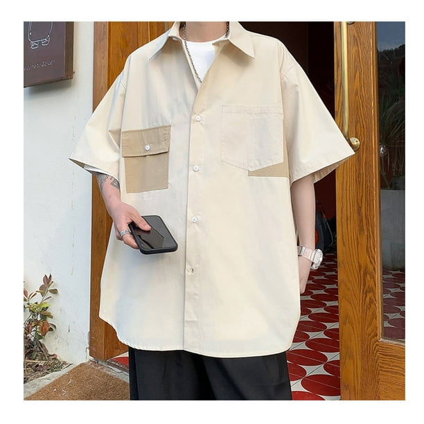 Chemise Homme Ouverte devant Poche a Rabat Bloc de Couleur Simple Boutonnage Chemise Ample pour Ete Blanc TG Walmart