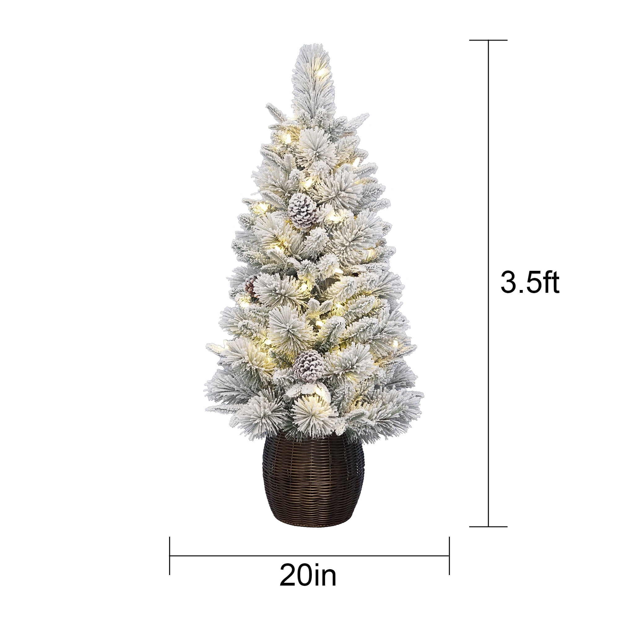 3.5' Pre-Lit Dakota Snow-Flocked Green Artificial Christmas Tree with 35 Warm White LED Lights in Woven Basket, by Holiday Time