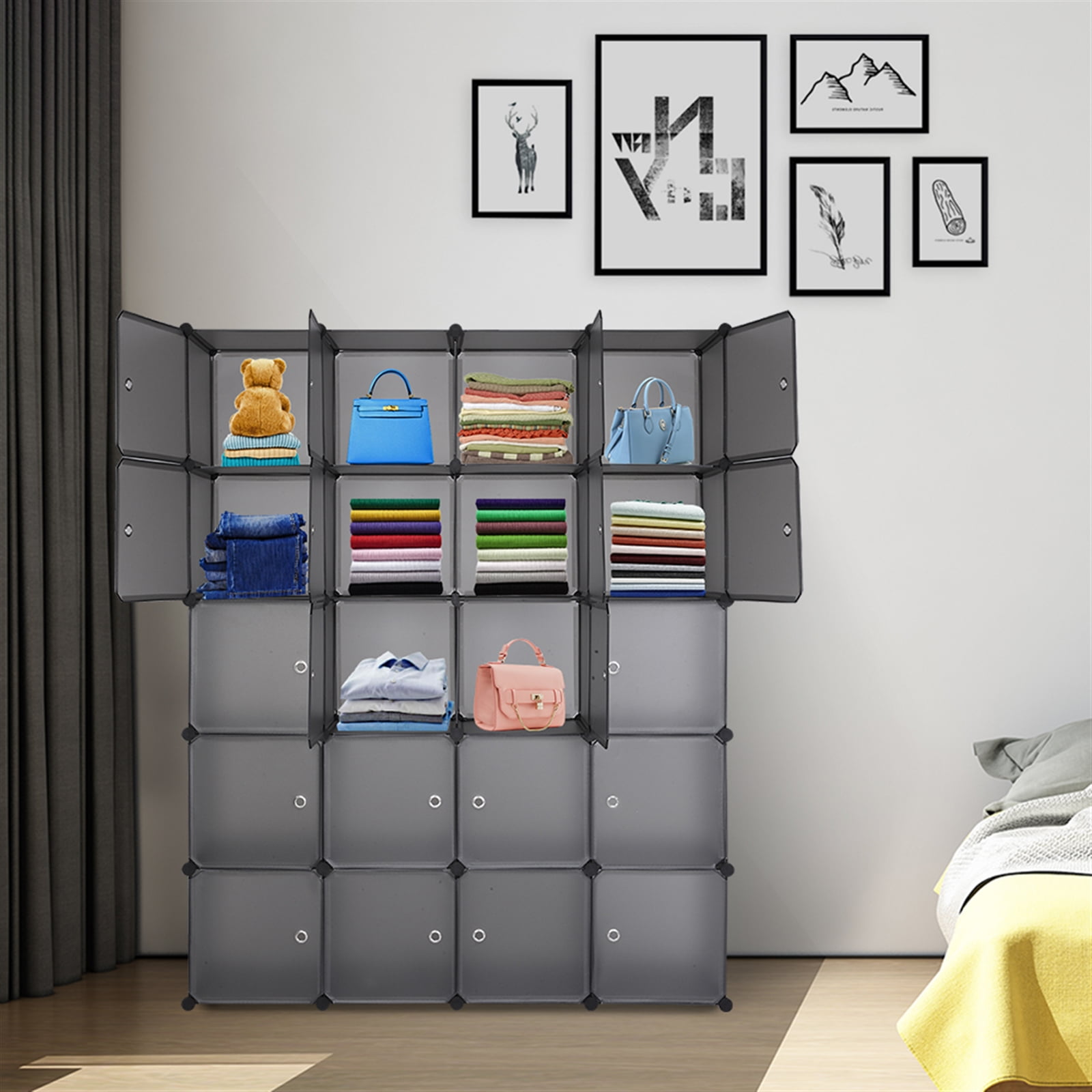 Private Jungle Plastic Closet Organizer with Doors, 20-Cube DIY Storage Cubes Organizer, Modular Storage Cabinet Book Shelf Shelving for Bedroom, Living Room, Office Gray
