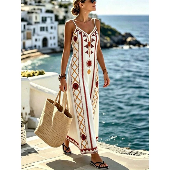 Womens Multicolor Boho Geometric Print Spaghetti Strap Maxi Dress