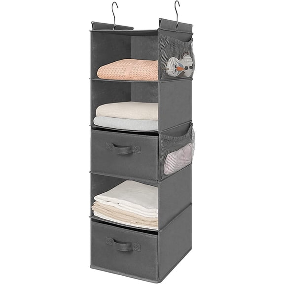 MAX Houser 5 Tier Shelf Hanging Closet Organizer, Cloth Hanging Shelf with 2 Drawers for Storage, Foldable (Gray)