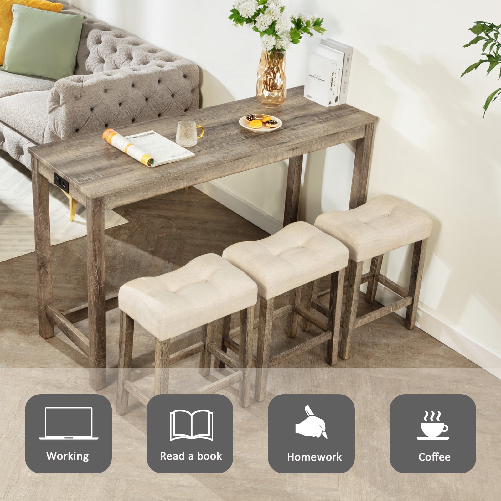 Aukfa 4 Piece Bar Table Set with Power Outlet, Breakfast Table with 3 Padded Stools, Dining Table and Chairs Set for Living Room, Dining Room, Brown