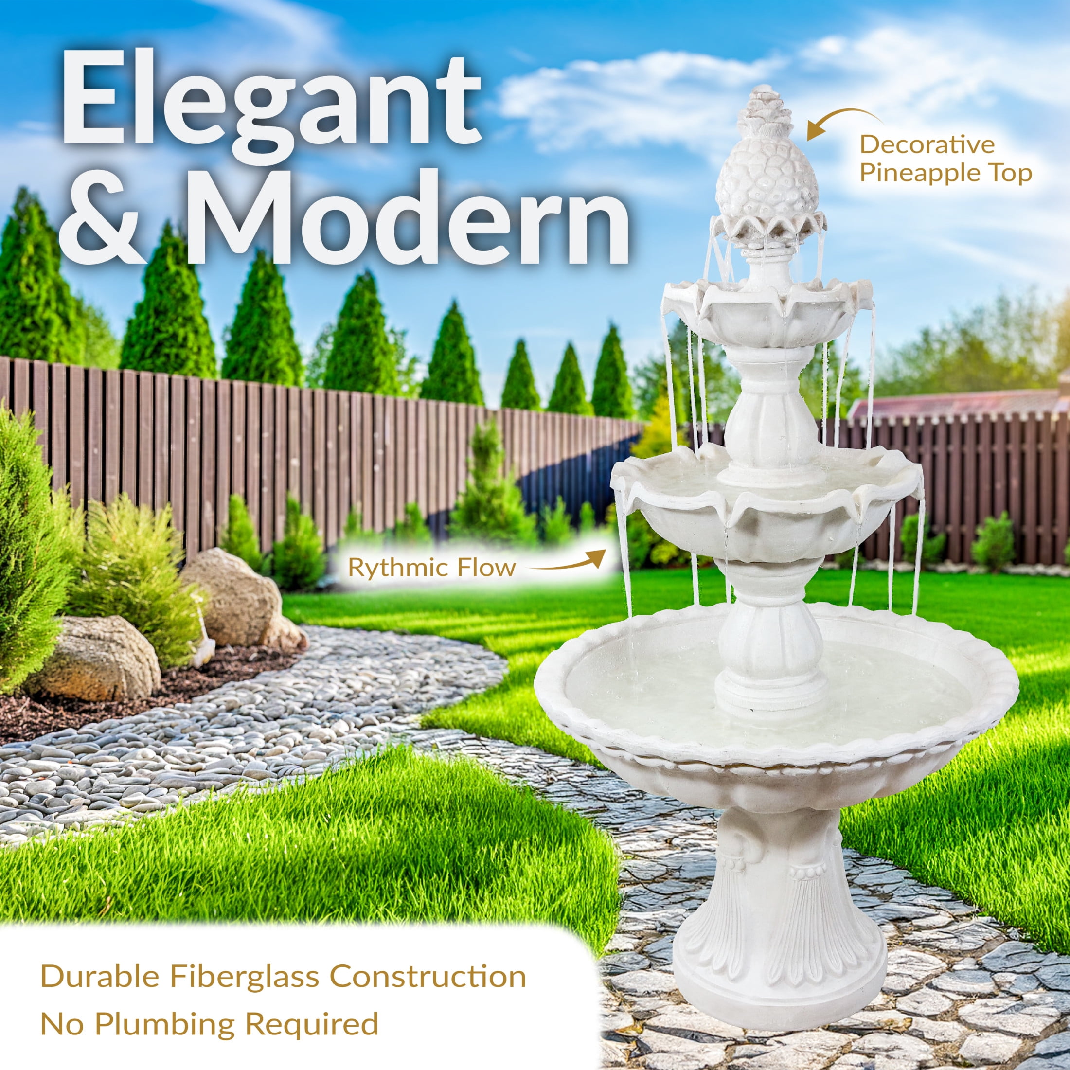 Sunnydaze Welcome Traditional White Fiberglass 3-Tiered Outdoor Water Fountain