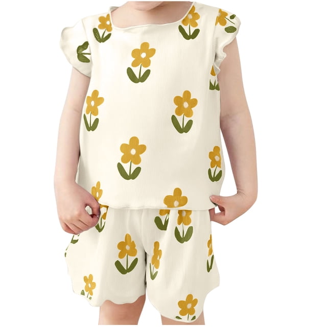 Zpanxa Ensembles d'Été pour Filles, Enfants, Imprimé Floral, Manches Courtes, Blouses à Col Rond, Ensemble de Vêtements pour Enfants 5-6 Ans