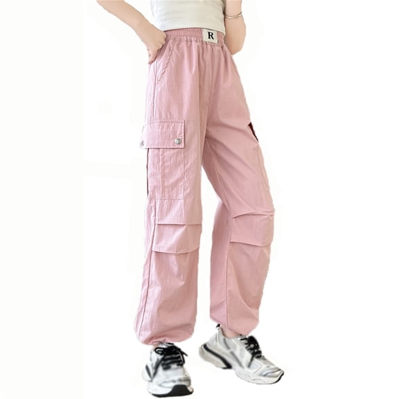 WhouRiu Girls Casual Cargo Pants With Pockets Solid Color Elastic Waist Loose Straight Leg Trousers Kids Comfortable Cute Everyday Wear,11-12 Years