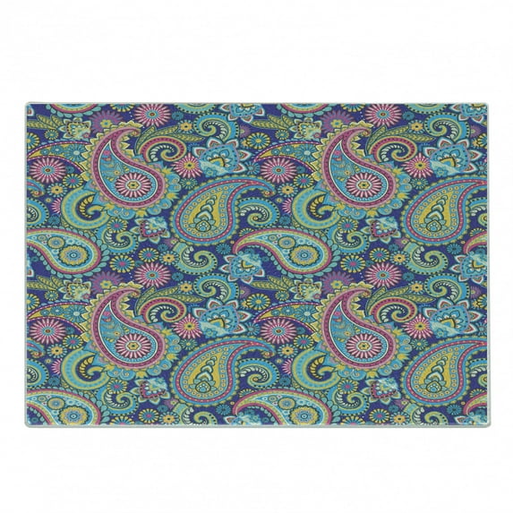 Paisley Cutting Board, Ornate Traditional Teardrop Elements Details in Bohemian Design Print, Decorative Tempered Glass Cutting and Serving Board, Small Size, Multicolor, by Ambesonne