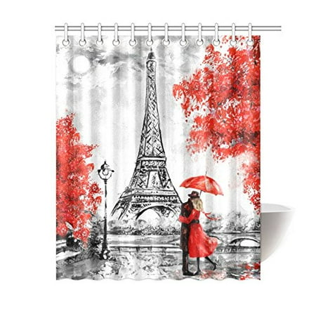Mkhert Elegant Paris Eiffel Tower Couple Red Umbrella Trees Decor