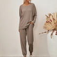 thumbnail image 4 of Women's Ribbed Knit 2 Piece Outfits Casual Solid Crewneck Long Sleeve Tops and Drawstring Pants Sets Loungewear, 4 of 7