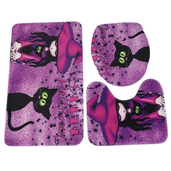 YAHHU 3‑Piece Witch‑Pattern Polyester Toilet Mat Set – Soft, Non‑Slip, Washable, Breathable Bathroom Rug & Lid Cover
