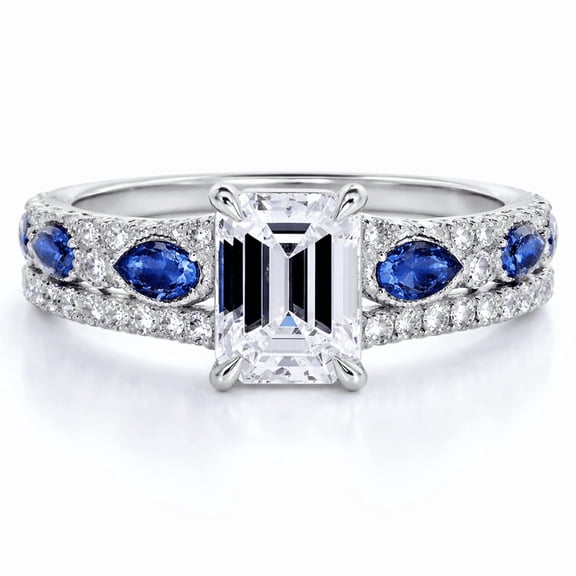 Jewelerix Emerald Cut Moissanite Ring with Blue Sapphire Pear & Marquise Side Stones,Vermeil White Gold Ring for Women, Diamond Pave Band