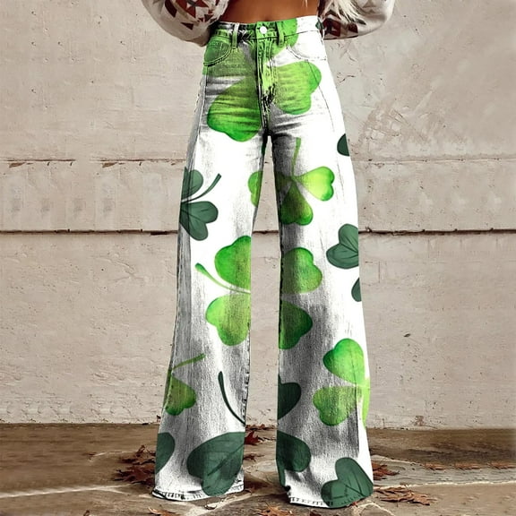 Green Casual Pants Women Wide Leg Pants Woman High Waist Floral Patterned Pants Lightweight Loose Fit Casual Colorful Trouser Imitation Jeans