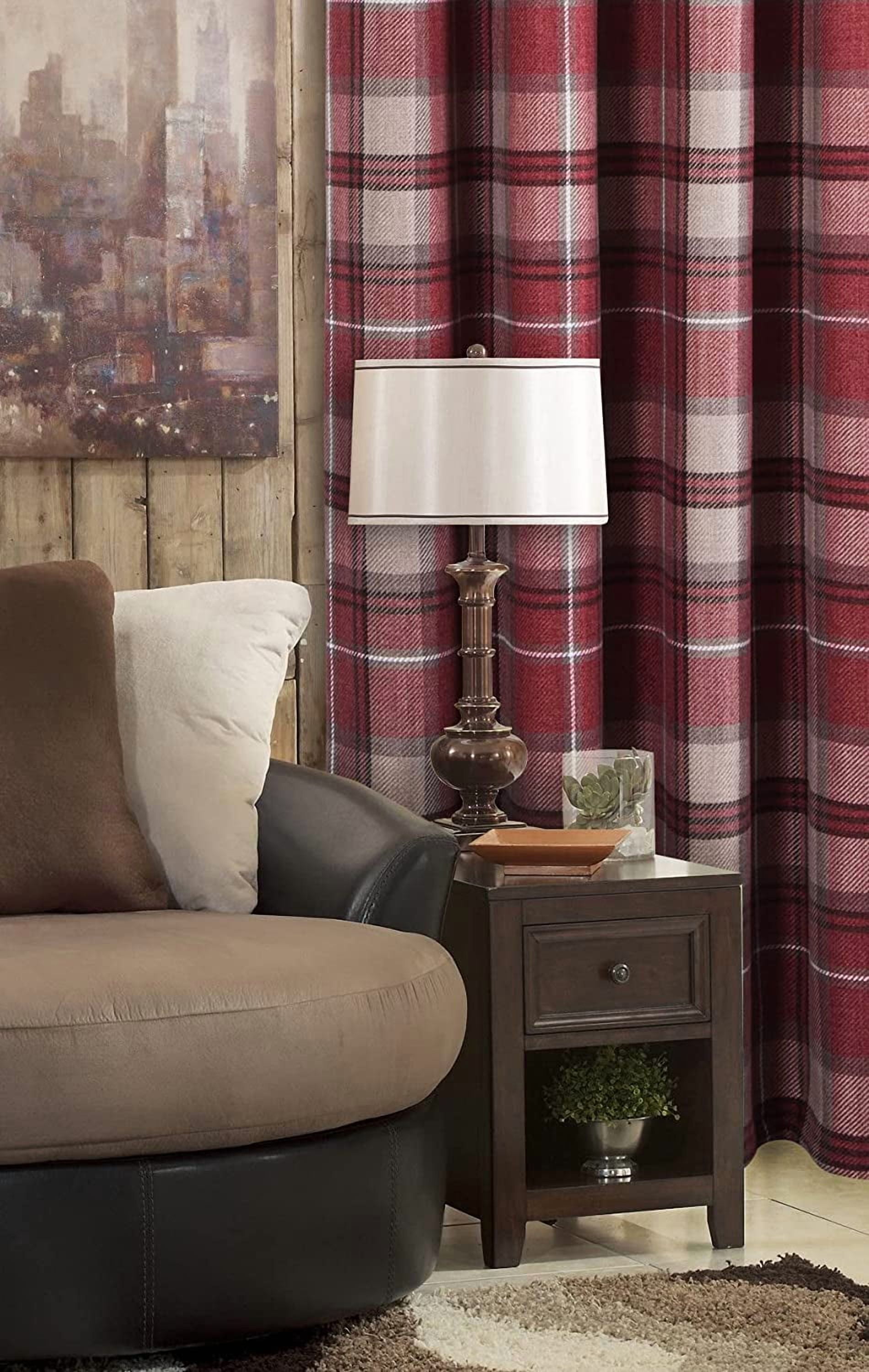 Plaid Curtains 100% Blackout Thermal Energy Saving Drapes for Bedroom Farmhouse Living Room Curtains Burgundy Red 42"W x 84"L (Pack of 2)