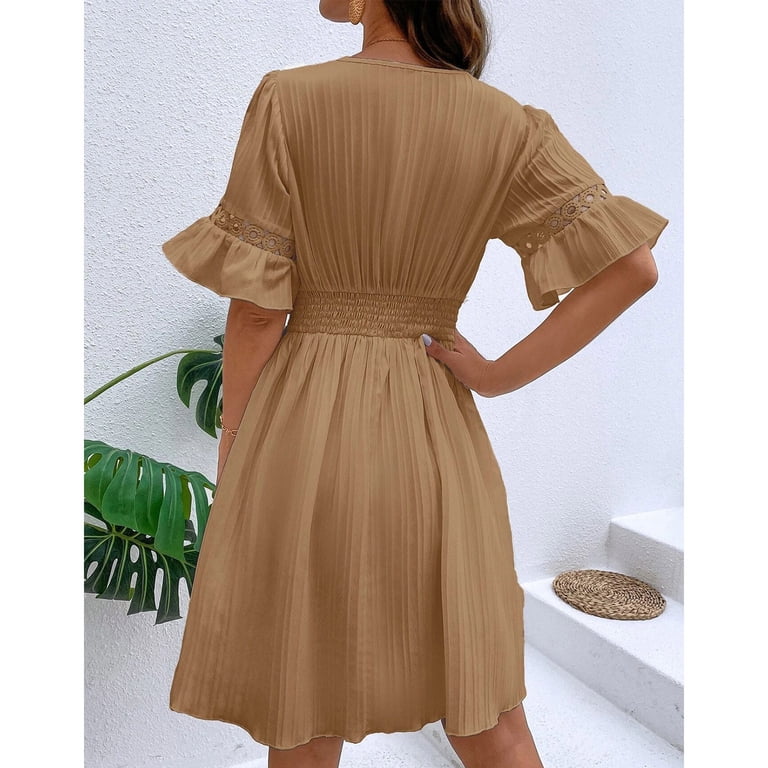 SMihono Women's Summer Casual Tunic Dresses Lace V-Neck Ruffle Sleeve Short Sleeve Lace Hollow out Pleated Swing Mini Dress Khaki 6 - Walmart.com SMihono Women's Summer Casual Tunic Dresses Lace V-Neck Ruffle Sleeve Short Sleeve Lace Hollow out Pleated Swing Mini Dress Khaki 6 - Walmart.com