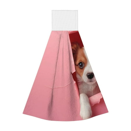 

Qekee Puppy Peeking Through Pink Print Hanging Kitchen Towels Coral Velvet Wipe Hand Towel Absorbent Hand Towels Microfiber Tie Towel for Bathroom Kitchen Decor