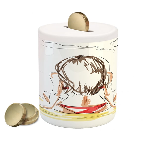 Summer Piggy Bank, Sketch of a Girl on Beach Summer Holiday on Sand Sunbathing, Ceramic Coin Bank Money Box for Cash Saving, 3.6" X 3.2", Yellow White, by Ambesonne