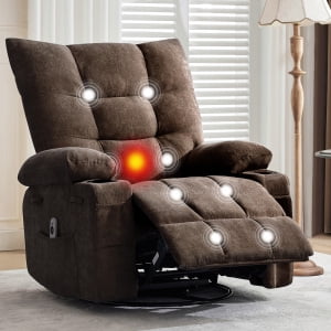 Swivel Rocker Recliner Chair with Heat and Massage&Adjustable Footrest for Elderly Adults,360° Swivel Rocking Sofa with Handrail and Backrest &Cup Holders Overstuffed Cushion for Back Pain Relief