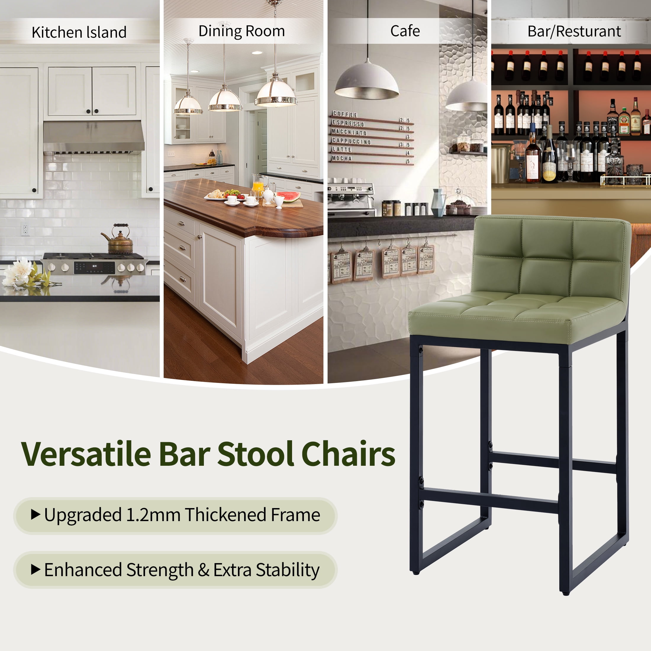 FIRAVOE Bar Stools Set of 3, Counter Height Bar Stools (Low Back)(Thickened Frame) 26" PU Leather Barstools Bar Chairs for Kitchen Island, Green