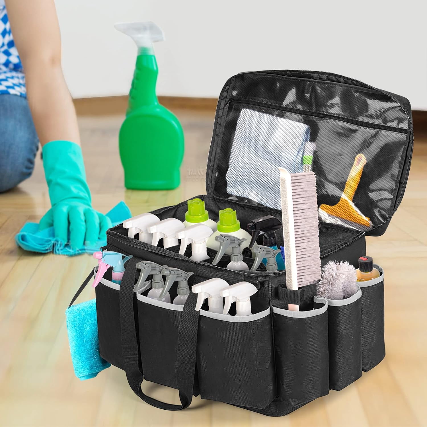 TT-Extra-Large Cleaning Caddy with EVA Hard Bottom, High Capacity Cleaning Supplies Organizer for Housekeeping & Home Work, Cleaner Tools Tote Bag with Shoulder Strap, Patent Design