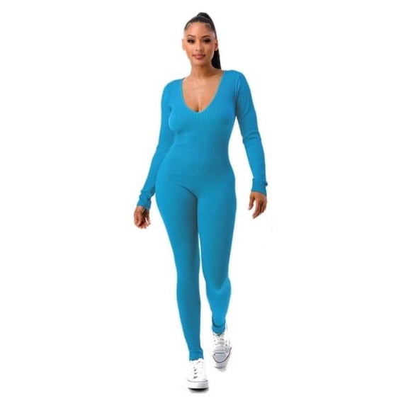J. METHOD Women’s Jumpsuit – Casual Long Sleeve Deep V Neck Seamless Ribbed Knit Stretch Pants One Piece