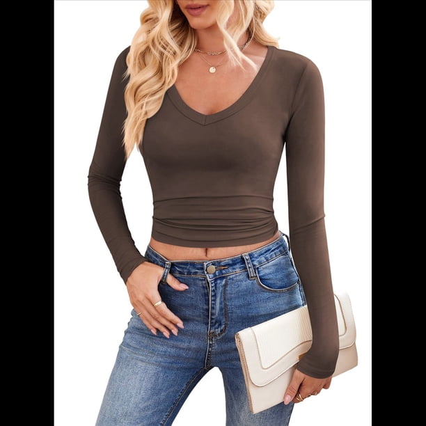 Camisas de Larga para Mujer, Moda de Otoño, Cuello en V, Básicas, Tops Cortos, Entallados, Y2K, Conjuntos, Ropa Café L