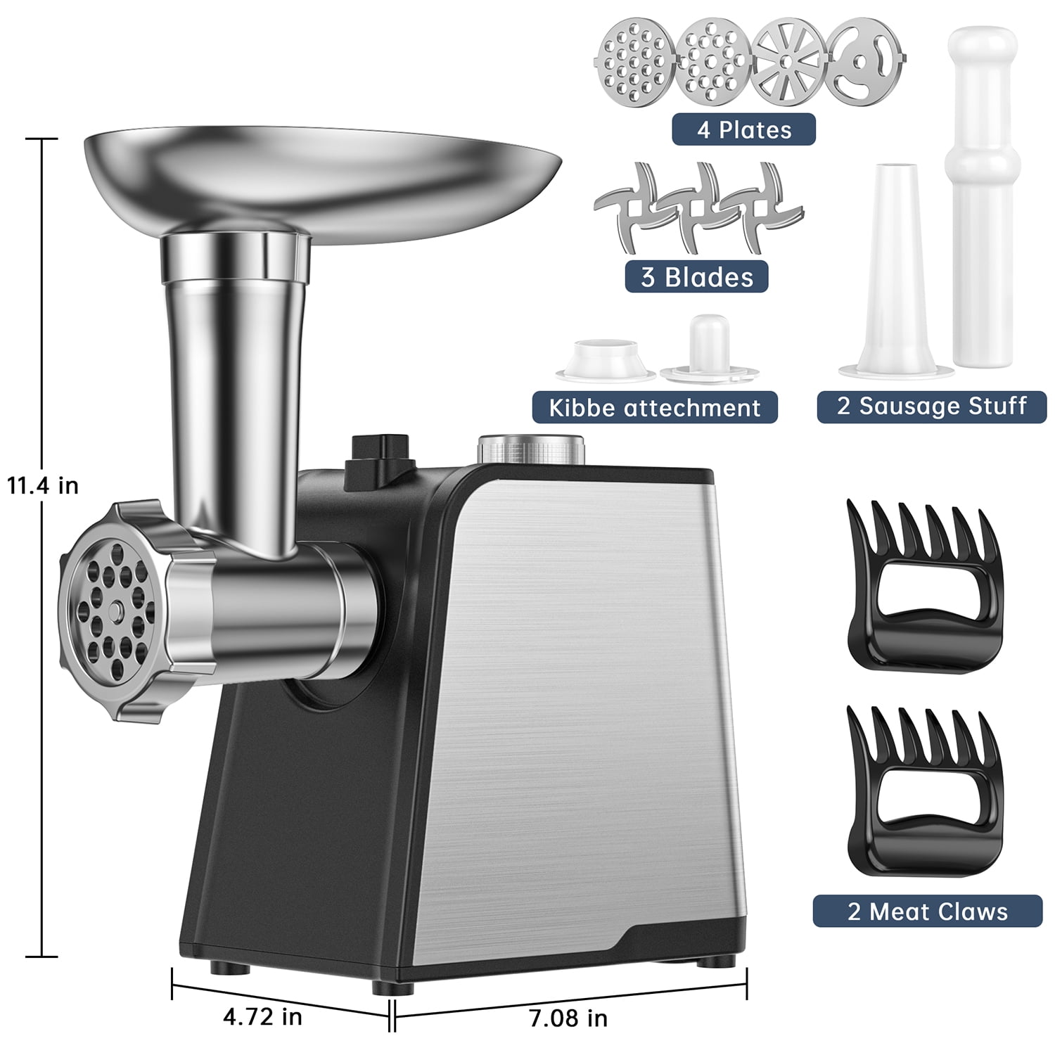 Meat Grinder, 2800W Max Powerful Electric Meat Mincer with 3 Blades, 4 Plates, Sausage Stuffer Tube & Kubbe Kit, Stainless Steel Food Grinder Sausage Stuffer Maker for Home Kitchen Commercial Use