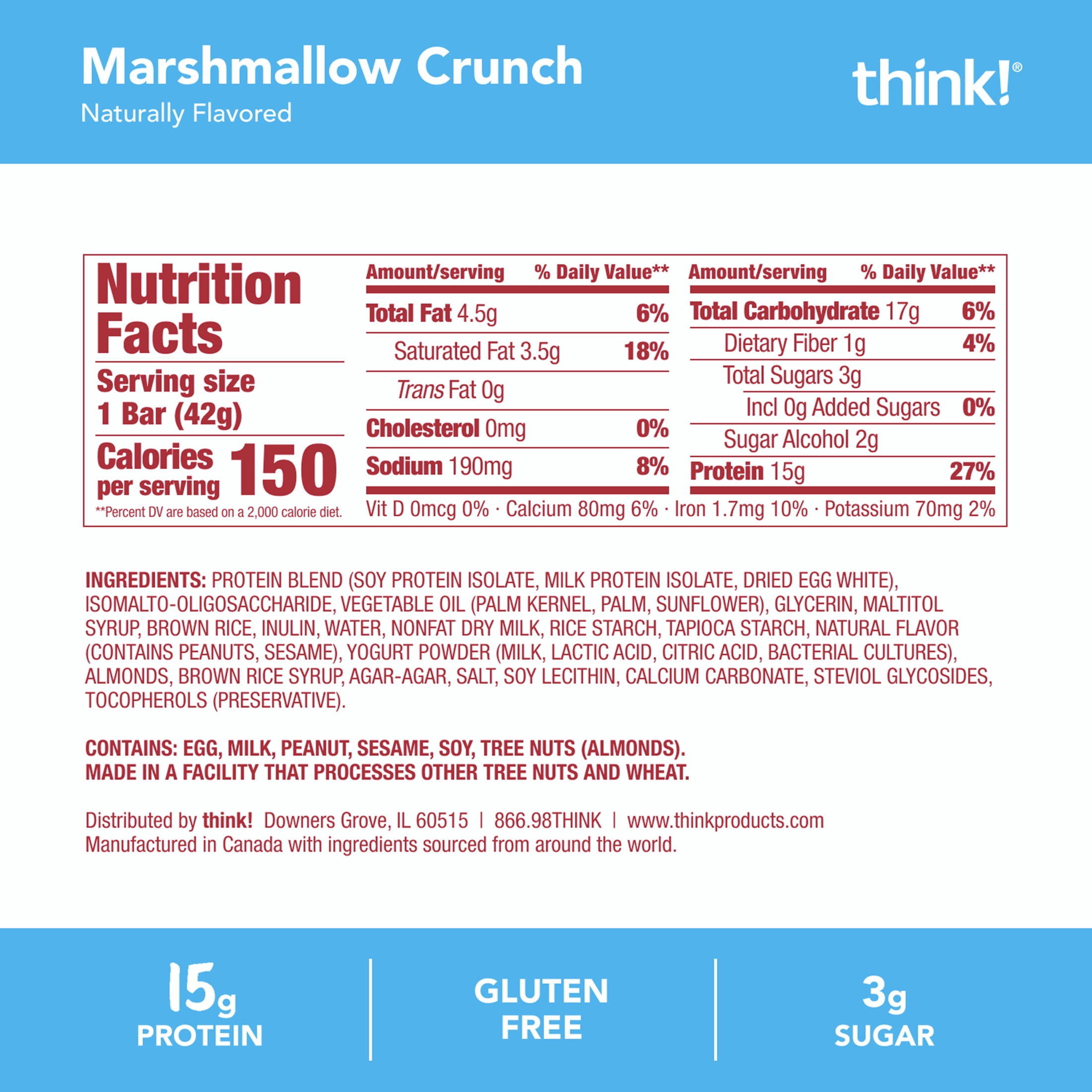 think! High Protein Crispy Squares, Marshmallow Crunch, 4 Count