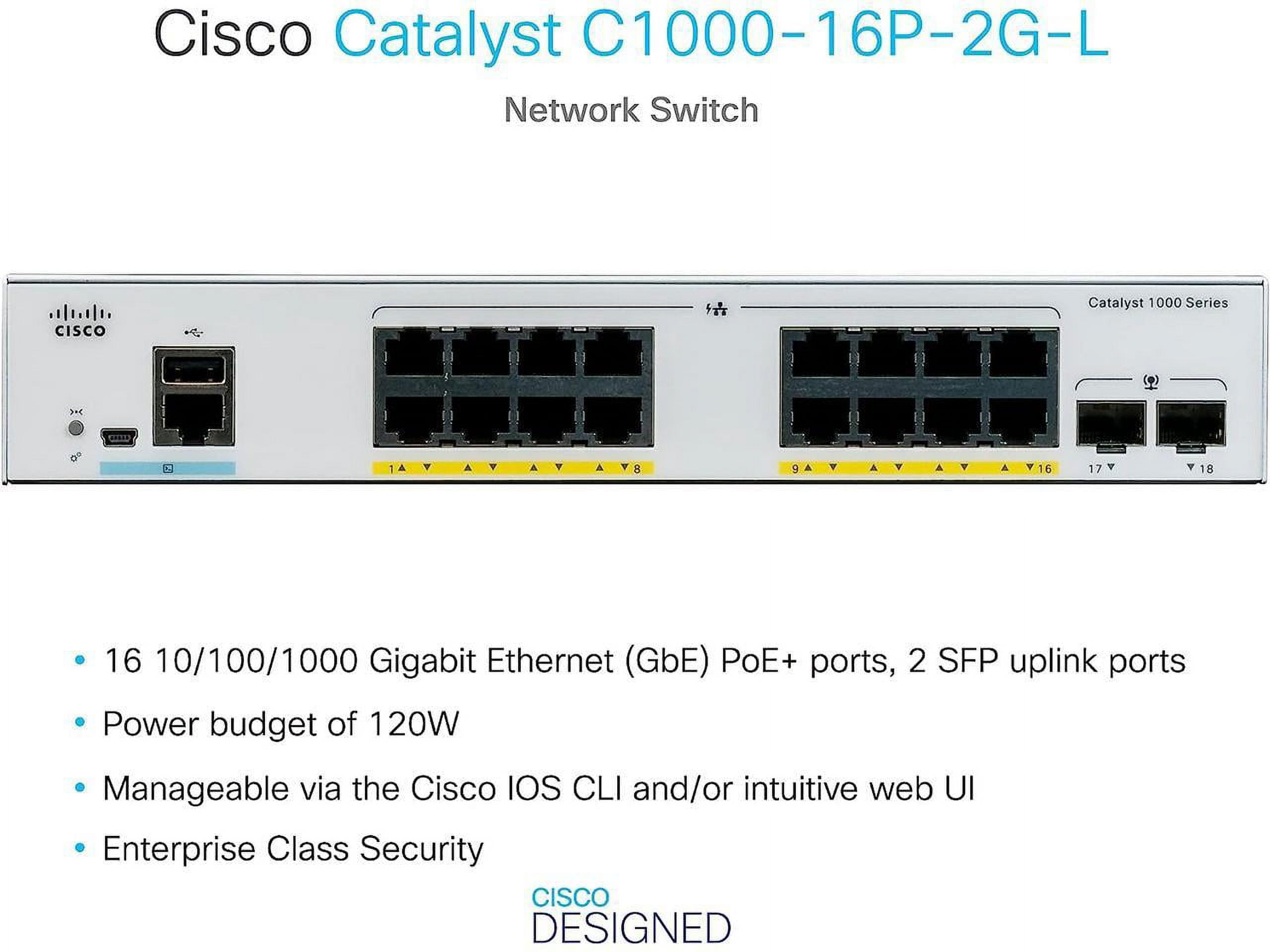 Cisco Catalyst C1000-16P Ethernet Switch, 16 Ports - Manageable - 2 Layer Supported