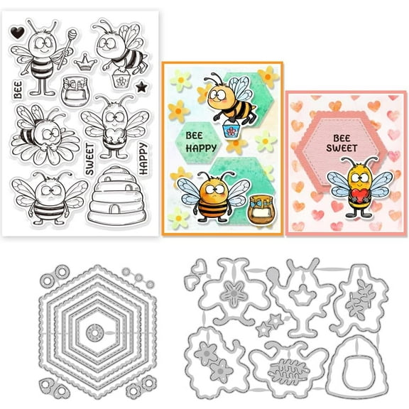 Carbon Steel Funny Bees Clear Stamp and Cutting Dies Set for Card Making Hive Tags Silicone Clear Stamp Metal Flowers Bee Die Cuts for DIY Scrapbooking Photo Album Decorative Carbon Steel