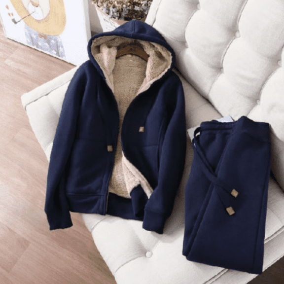 Women's Hooded Tracksuit Set Warm Fleece Hoodie Jacket and Pants Winter Sweatsuit