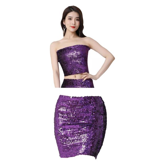 Moda Mujer s Chica Mini Lentejuelas Corto Bling Wrap Streetwear Violeta+Traje De Hombro Descubierto Superior De Tubo De Lentejuelas Para Danza Del Vientre Elástico Para BLESIY none