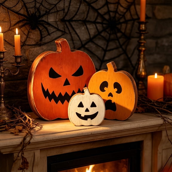3PCS Halloween Wooden Pumpkin Table Ornament, Tiered Tray Tabletop Sign Set for Room Mantel Shelf Holiday Party Home Decor