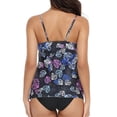 thumbnail image 4 of Traje de baño Tankini con cuello en V, correa de espagueti, impresión digital, traje de baño transpirable de dos piezas para surf, fiesta en la playa, parte superior de hojas y fondo negro XXL, 4 of 8