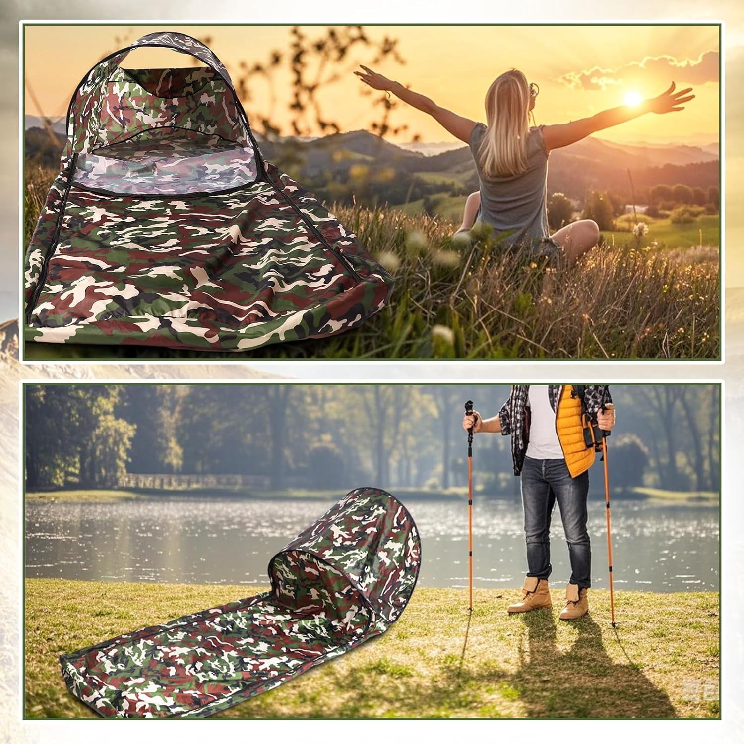 Breling Bivy Sack Waterproof Single Person Pop up Bivy Bag Cover Tent Sleeping Cover with Head Lightweight Warm Tent Windproof Anti Mosquito for Camping Hiking Backpacking Hunting Outdoor Survival