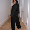 thumbnail image 3 of Sarapandan Women Long Warm Suit Lapel Straight Top High Waist Pants with Bra Thermal Underwear Set Black M, 3 of 5